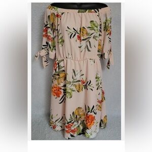 New York & Company Peach Floral Off the Shoulder Dress - Size L